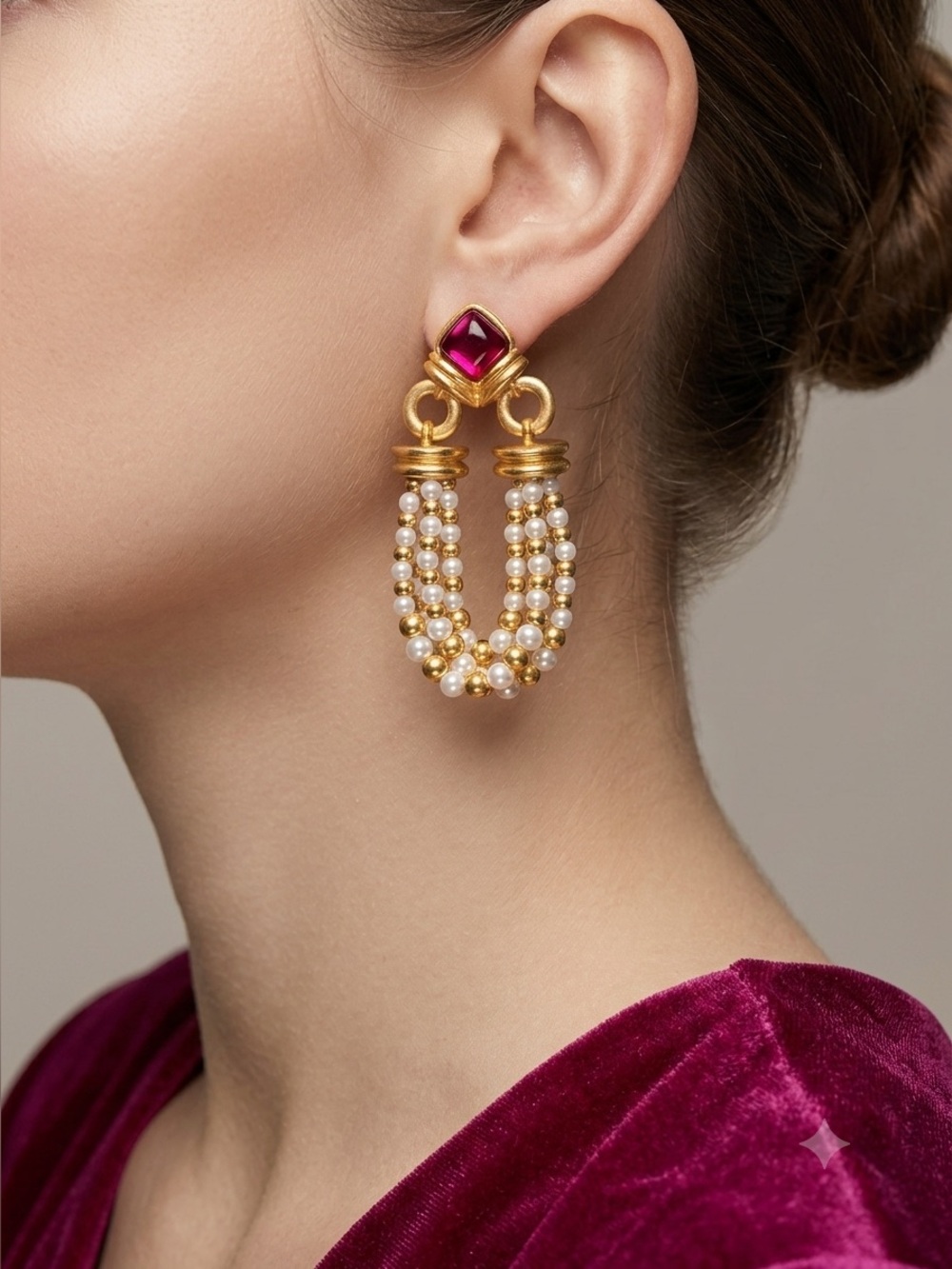 Vintage-Inspired Ruby Tone Tassel Drop Earrings – Faux Gem & Pearl Beaded